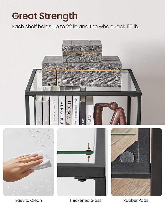 VASAGLE Bookcase, 5-Tier Bookshelf, Slim Shelving Unit for Bedroom, Bathroom, Home Office, Tempered Glass, Steel Frame, Ink Black ULGT029B61