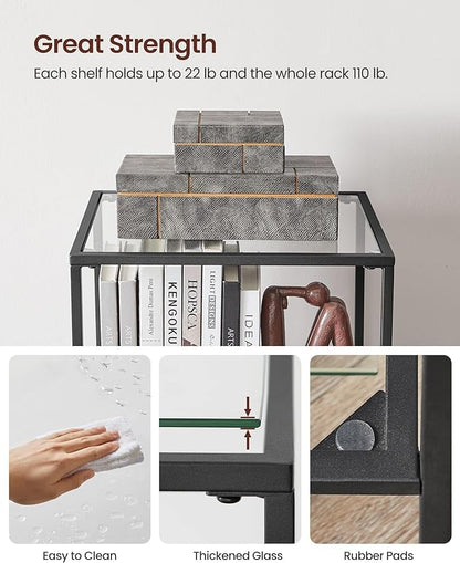 VASAGLE Bookcase, 5-Tier Bookshelf, Slim Shelving Unit for Bedroom, Bathroom, Home Office, Tempered Glass, Steel Frame, Ink Black ULGT029B61