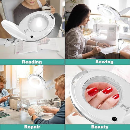Large 10X Magnifying Glass with Light, 4.75 in Real Glass Stand Lighted Magnifier with Clamp, 2 in 1 Desk Lamp with 36 Color and Brightness Modes, Hands Free for Close Work, Crafts, Hobbies