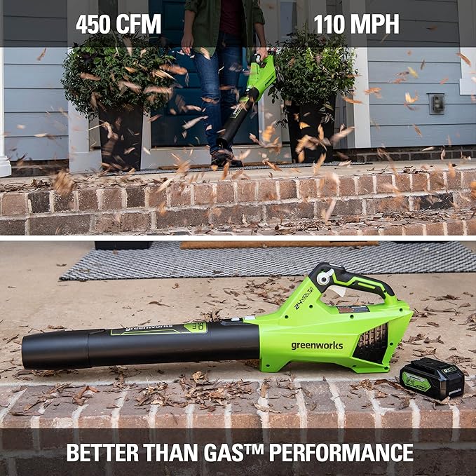 Greenworks 24V (110 MPH / 450 CFM / 125+ Compatible Tools) Cordless Brushless Axial Leaf Blower, 4.0Ah Battery and Charger Included