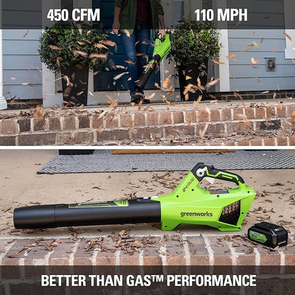 Greenworks 24V (110 MPH / 450 CFM / 125+ Compatible Tools) Cordless Brushless Axial Leaf Blower, 4.0Ah Battery and Charger Included