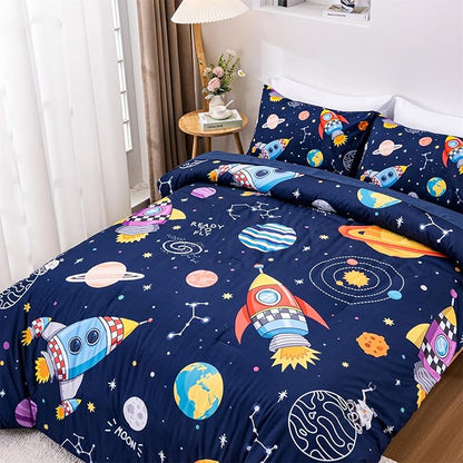 Aimuan Space Comforter Twin Set Kids Rocket Bedding Set Super Soft & Cute Aliens UFO Printed for Boys Girls Teen (Navy, Twin 5Pcs)
