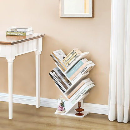 Hoctieon 4 Tier Tree Bookshelf, Small Bookcase, Free Standing Tree Bookcase, Bookshelf for Bedroom, Book Shelf Organizer, Small Bookshelf, White