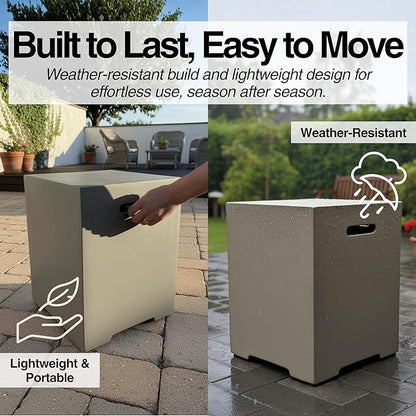Propane Tank Cover Table for Fire Pits, 20 LB Concrete Propane Tank Holder with Side Handles, Outdoor Tank Storage Side Table for Patio, Gas Griddle, Aqua Grey