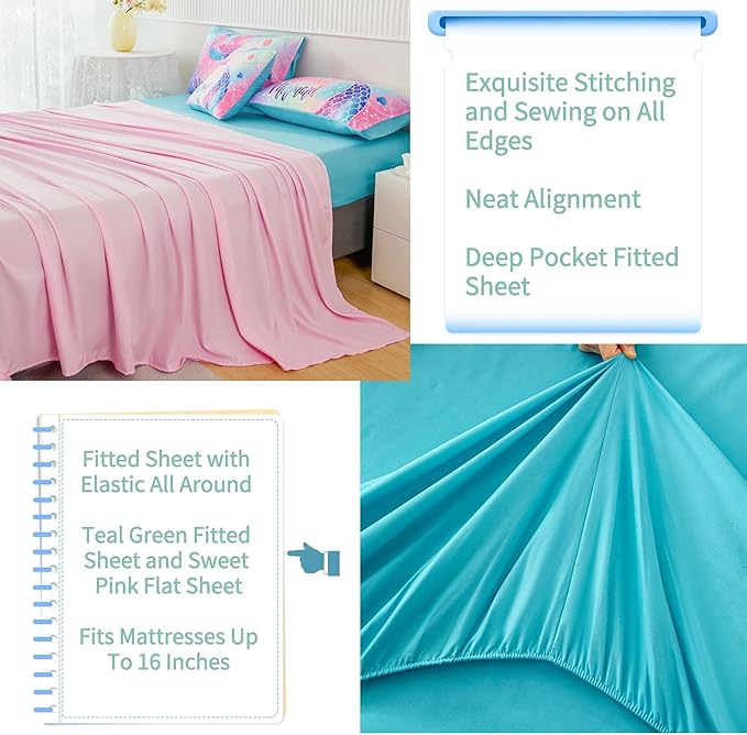 RYNGHIPY Mermaid Queen Girls Bedding Set, Colorful Rainbow Kids Girls Comforter Set with Sheets Soft and Lightweight, 6 Pieces Teen Girls Bed in a Bag