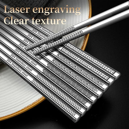 Metal Chopsticks Reusable 316 Stainless Steel Chopsticks Multipack Dishwasher Safe Chop Sticks Square Fancy Laser Engraved Non-slip Korean Chopstick for Cooking Eating 9.45 Inches 5 Pairs Gift SetS