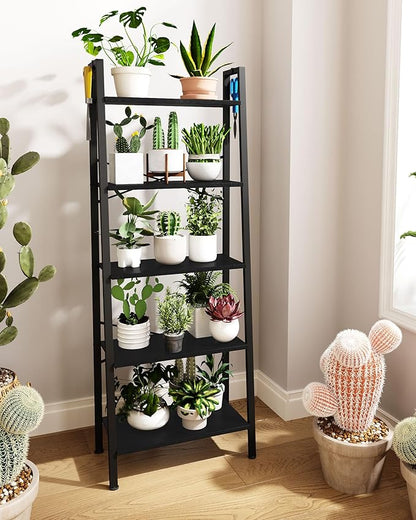 Ladder Shelf, Bookshelf Bookcase, Freestanding Corner Storage Shelve with 2 Hooks for Home Office, Living Room, Kitchen, Bedroom, Industrial, 5-Tier Black BC19304B