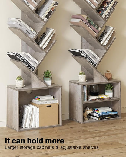 SUNMORY 6 Tier Tree Bookshelf, Tall Bookcase with Storage Cabinet, Modern Narrow Bookshelves Organizer, Floor Standing Book Shelf for Bedroom/Living Room/Home Office/Corner, Grey