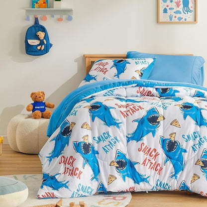 SLEEP ZONE Jersey Knit 2-Piece Twin Size Comforter Set, Blue Shark Design for Boys, Skin-Friendly and Breathable, Super Soft, Durable, Comfortable Kids Bedding Set（Sharks, Twin）
