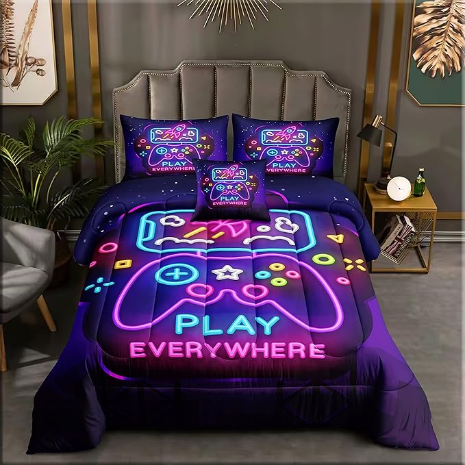 6 Pieces Gamer Bedding Set for Boys Gaming Comforter Queen Size, Game Controller Comforter for Teen 3D Gamepad Microfiber 6 Piece Bed in A Bag Kids Bedding Sets with Sheets,DJT H5031 Queen