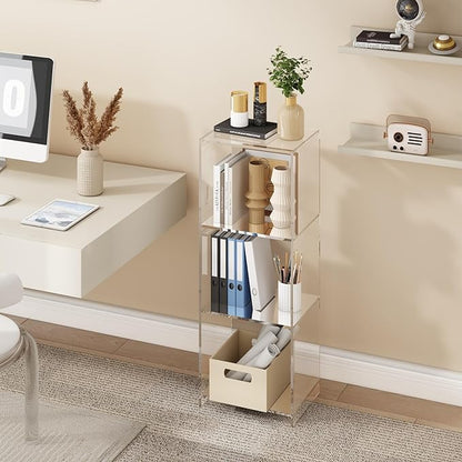 Acrylic Bookcase, 3 Tier Clear Floor Standing Bookshelf, 31.5 inch Tall Display Cube Storage Shelf Home Decor Furniture for Home, Office, Living Room, Bedroom