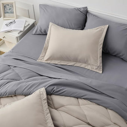 Bedsure Beige Comforter Set - 7 Pieces Reversible Bed in a Bag with Comforters, Sheets, Pillowcases & Shams, Bedding Sets