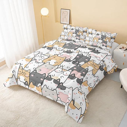Kawaii Cat Comforter Twin Size,Cats Comforter Set for Kids Teens Girls Boys,3Pcs Bedding Set Printed Comforter with 2 Pillowcases,Down Alternative,Soft and Lightweight，Twin Size