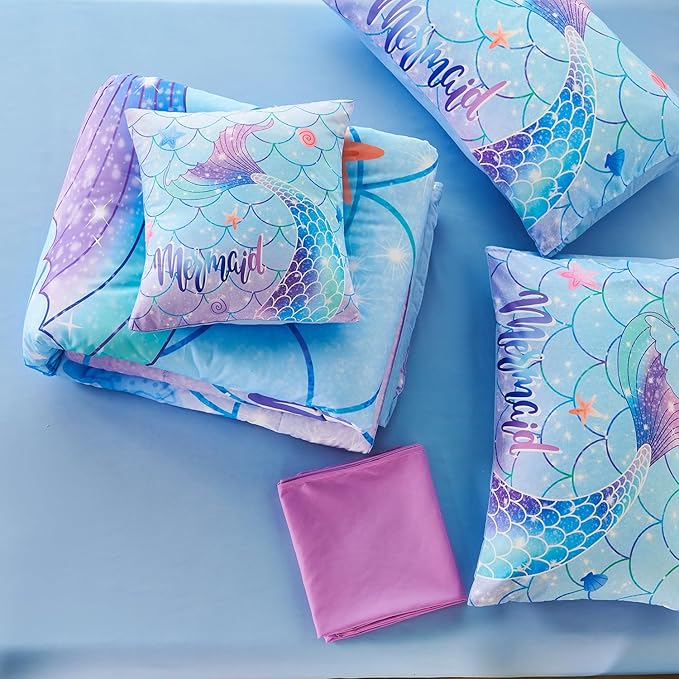 URBONUR 6 Piece Mermaid Tail Comforter Set Full Size, Mermaid Fish Scale Bedding Set for Girls Ombre Purple Blue Sparkle Comforter with Sheets Set Soft All Season Room Decor Bed Set