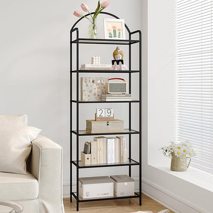 Bookcase Bookshelf, Tempered Glass Bookshelves, Slim Shelving Unit for Bedroom, Bathroom, Home Office, Steel Frame, 6 Tier Black BC21699B