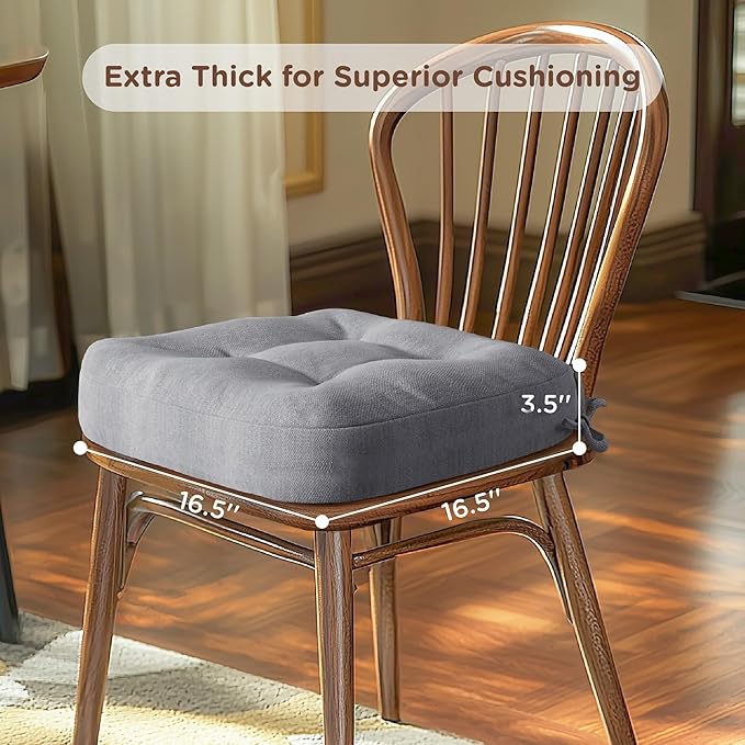Codi Dining Chair Cushions 4 Pack, Thick Chairs Pads for Indoor Kitchen Room - Washable, Non-Slip Seat Cushion with Ties, 16.5"x16.5"x 3.5", Set of 4, Grey