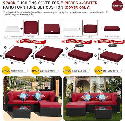 ClawsCover 9Pack Outdoor Seat and Back Cushions Replacement Covers Fit for 5 Pieces 4-Seater Wicker Rattan Patio Conversation Set Sectional Couch Furniture,Burgundy-Include Cover Only (Large)