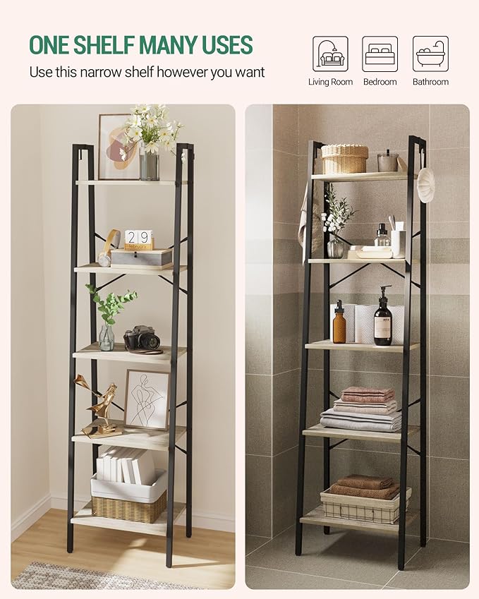 Ladder Shelf, Bookshelf Bookcase, Freestanding Corner Storage Shelve with 2 Hooks for Home Office, Living Room, Kitchen, Bedroom, Industrial, 5-Tier Greige BC19205B