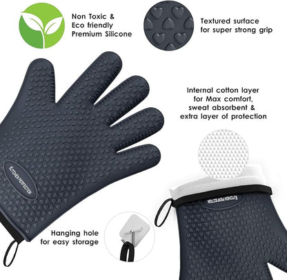 KITCHEN PERFECTION XL Silicone Smoker BBQ Gloves -Heat Resistant Oven Mitts | Waterproof, 5-Finger Design For A Better Grip, for Pitmasters, Meat Smoking, Grilling, Cooking, Frying Turkey | Grill Gift