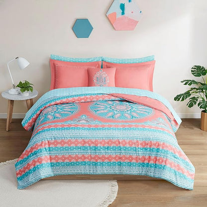 Degrees of Comfort Full Size Coral Comforter Sets for Girls, Boho Mandala Bed in A Bag with sheet, Microfiber Bed Set with Side Pockets, Matching Decorative Pillow, 8 Piece