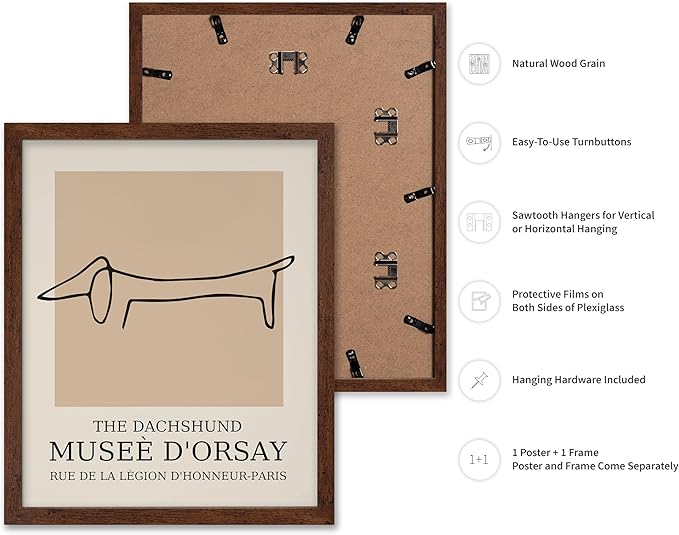 Poster Master Vintage Poster - Retro Minimalist Print - Gift for Artist, Housewarming - Dachshund Dog, Line Drawing, Abstract - Wall Decor for Living Room, Bedroom, 16x20 Brown Framed