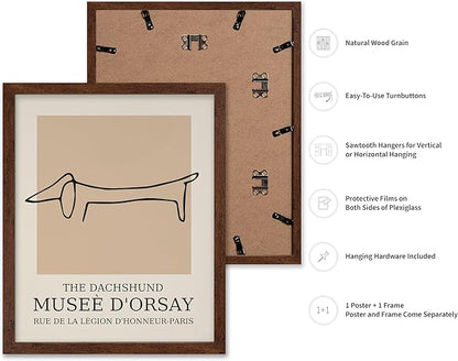 Poster Master Vintage Poster - Retro Minimalist Print - Gift for Artist, Housewarming - Dachshund Dog, Line Drawing, Abstract - Wall Decor for Living Room, Bedroom, 16x20 Brown Framed