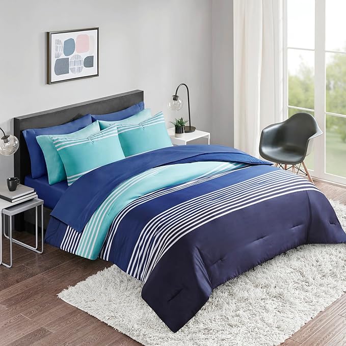 Comfort Spaces Queen Comforter Sets with Sheets - Bed in a Bag 9 Pieces Teen Bedding Sets Queen, Navy and Grey Stripes Bedding Queen, College Queen Bed Set, 2 Side Pocket Bedroom Organizer Queen Navy