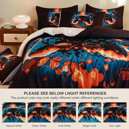 Video Game Twin Size Comforter Set for Boys Kids Teens Gamepad Gaming Controller and Fire Pattern Bedding Set- 3 Piece Quilt with 2 Pillowcases (68"x90")