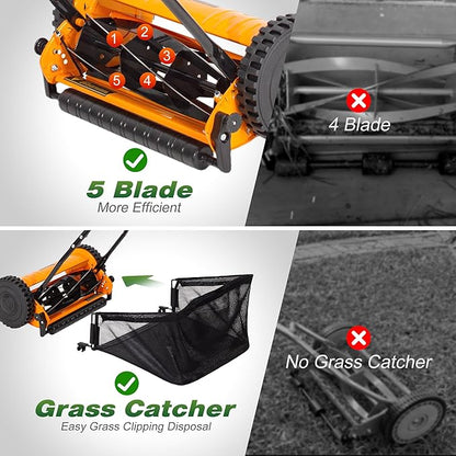 Walensee 16-Inch 5-Blade Push Reel Lawn Mower, Cordless Manual Reel Lawn Mower Walk-Behind Steel Lawn Mowers with Removable 7.9-Gallon Grass Catcher, Sponge Grip, 4-Position Cutting Height Adjustment