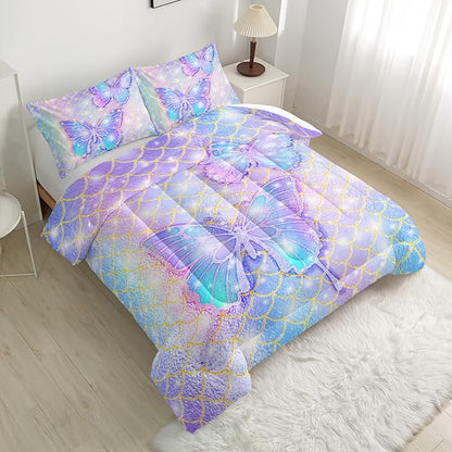 CVHOUSE Butterfly Comforter Set King Size,Rainbow Mermaid Butterfliy Bedding Set for Kids Girls,Rainbow Mermaid Butterflies Quilt Set Butterfly Duvet Set Girl's Bedroom Decor 3 Pieces