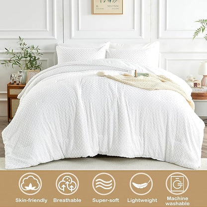 Queen Size Tufted Kids Comforter Set 7 Piece White Jacquard Tufts Embroidery Bedding Set for Boys Girls Bed in A Bag Quilt with 1 Comforter, 1 Flat Sheet, 1 Fitted Sheet, 2 Pillowcase, 2 Pillow Sham
