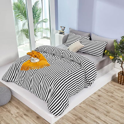 White and Black Striped Comforter Set Full/Queen Soft Durable Striated Bedding Set Ticking Quilts for Girls Boys Hotel Quality