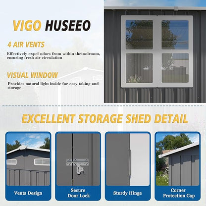 10x8x6.4FT Outdoor Storage Shed, Galvanized Steel Garden Shed with Lockable Door & Window, Waterproof Metal Tool Storage for Garden, Backyard, Patio, Lawn(Grey)