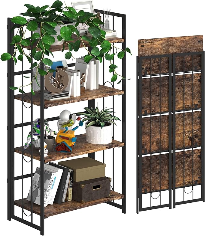 4NM No-Assembly 4 Tiers Folding Bookshelf Storage Shelves Vintage Bookcase Standing Racks Study Organizer Home Office - Rustic Brown and Black