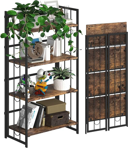 4NM No-Assembly 4 Tiers Folding Bookshelf Storage Shelves Vintage Bookcase Standing Racks Study Organizer Home Office - Rustic Brown and Black