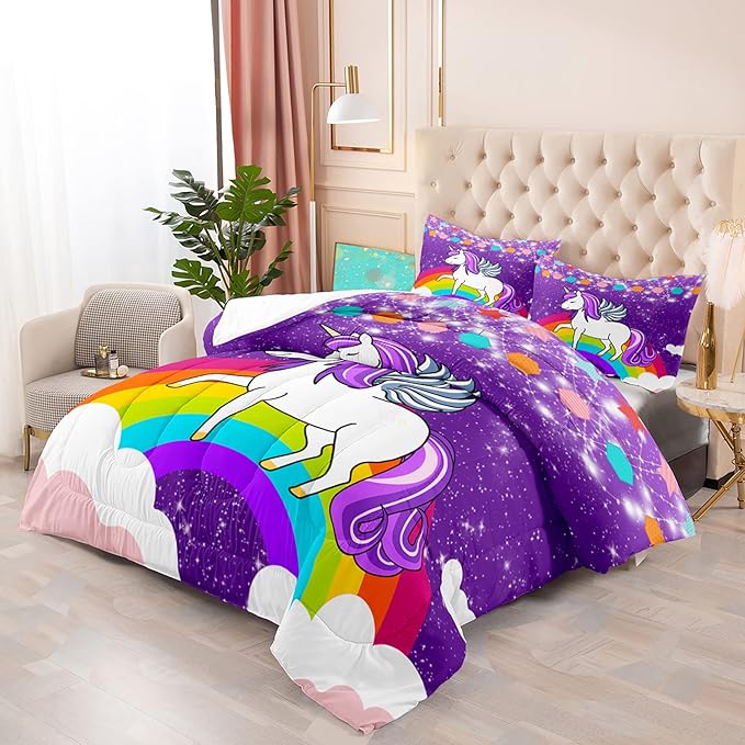 Unicorn Girls Full Size Bedding Sets Cartoon Unicorn Comforter Kids Bedding Set Cute Rainbow Unicorn Print Full Size Bedding Unicorn Kawaii Comforter Set, Purple, 1 Comforter+2 Pillowcases