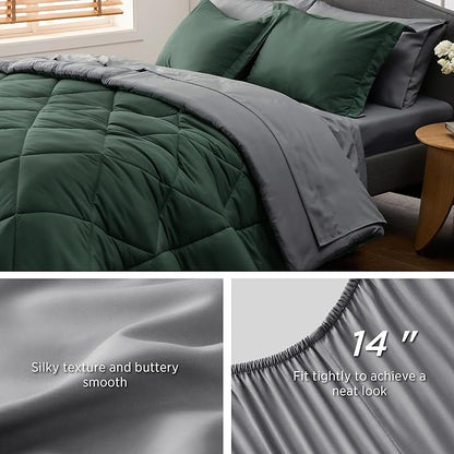 Bedsure Forest Green Full Size Comforter Set - 7 Pieces Reversible Full Bed in a Bag, Full Bed Set Forest Green and Grey with Comforters, Sheets, Pillowcases & Shams