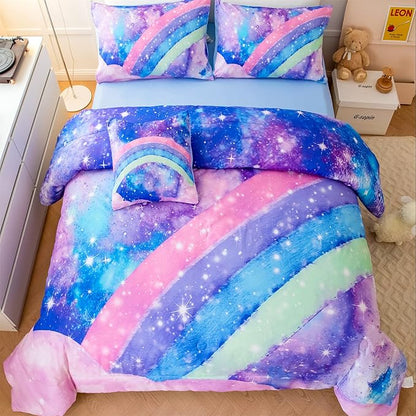 Tie Dye Blue Teens Comforter Set Queen for Girls, 3D Rainbow Gradient Glitter Bed in A Bag, 6 Pieces Twinkle Nebula Comforter Kids Bedding Set for All Season