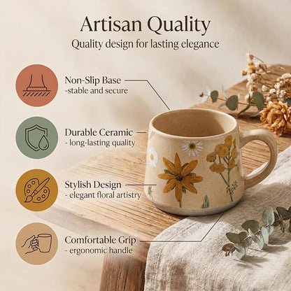 Ceramic Coffee Mug, 13oz Floral Design Pottery cute mugs, Ideal Gift for Women unique vintage pretty coffee mugs (Graceful Bloom)