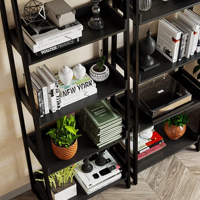 IRONCK Industrial Bookshelf 5-Tier, Bookcase Ladder Shelf, Storage Shelves Rack Shelf Unit, Accent Furniture Metal Frame, Home Office Furniture for Bathroom, Living Room
