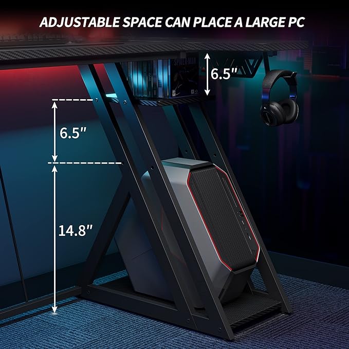 CubiCubi Aurora Gaming Desk with LED Lights & Power Outlets, 40 Inch L Shaped Carbon Fiber Surface Desk with Storage Shelves, Small Corner Computer Desk with Monitor Shelf, Gamer Desk PC Table, Black