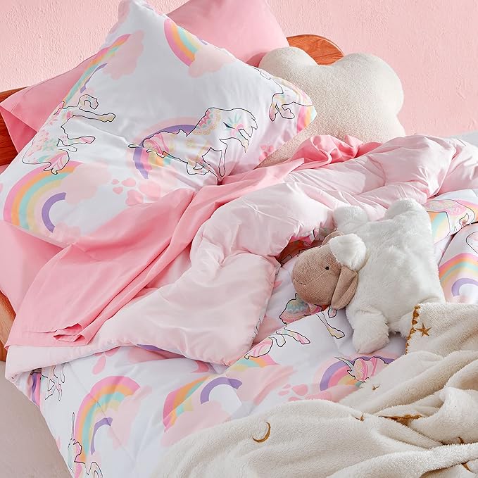 SLEEP ZONE Kids Unicorn Bedding Twin Comforter Set - Super Soft & Cute Printed 2-Piece Comforter Set All Seasons for Girls, Fade Resistant, Machine Washable, Pink Unicorn