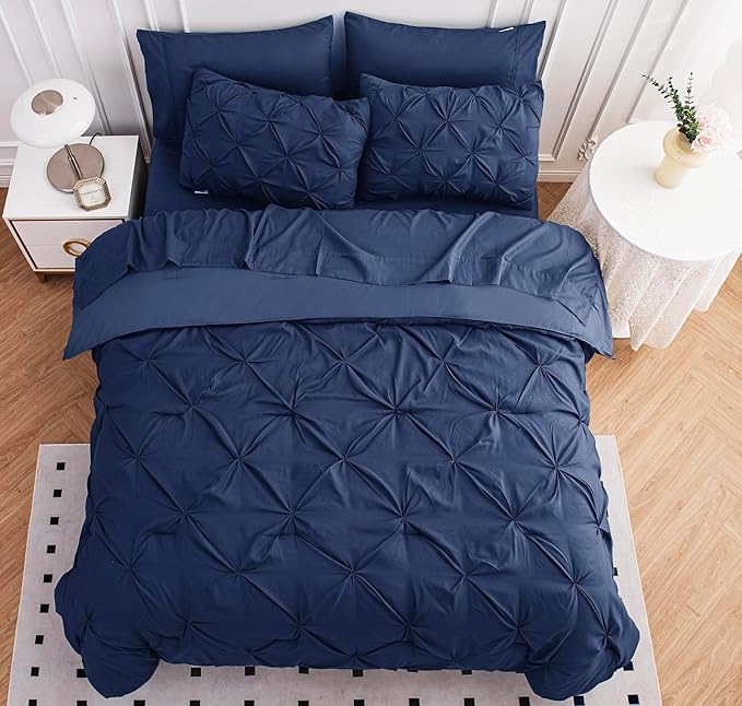 Lane Linen Queen Comforter Set with Sheets, 7 Piece Queen Bed in a Bag Set, Pintuck Queen Bed Set, Soft Bedding Queen Size, Bed Set Queen Size, Queen Bed Comforter Set with Pillowcases & Shams - Linen
