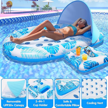 2025 New Pool Floats Adult with Canopy and Cup Holder, 3-in-1 Inflatable Pool Lounge Floaties for Swimming Pool Lake Beach Water, Raft Lounger Floating Chair for Adults Heavy Duty