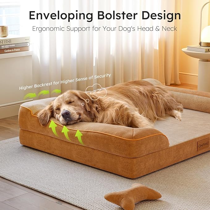 Jumbo Orthopedic Dog Bed for Extra Large Dogs With Cooling Gel Memory Foam, Waterproof, Removable Washable Cover, 45" Sofa Couch, Dutch Velvet With Bone Toy, Brown