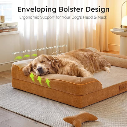 Jumbo Orthopedic Dog Bed for Extra Large Dogs With Cooling Gel Memory Foam, Waterproof, Removable Washable Cover, 45" Sofa Couch, Dutch Velvet With Bone Toy, Brown
