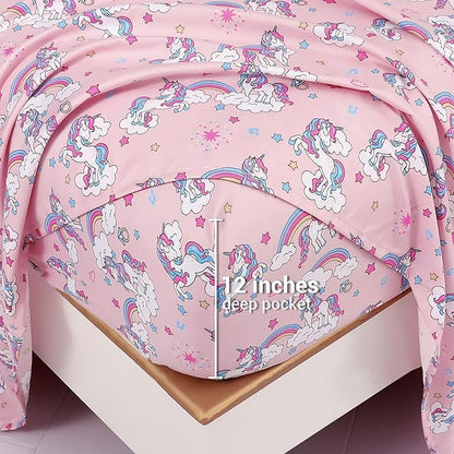 Mooreeke Kids Comforter Bed Set Twin Size for Girls, 6 Pieces Bed in a Bag with Shams, Sheet Set, Pink Unicorn Double Soft Microfiber Kids Comforter Bedding Set