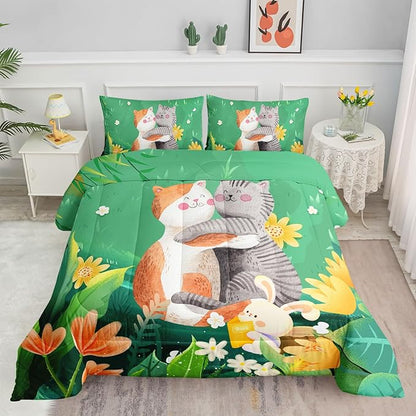 Datura home Cute Cat Kids Comforter Bedding Set for Boys Girls, Watercolor Cat Forest Rabbit and Flower Print Comforter with 2 Pillowcases(Cute Cat Full)