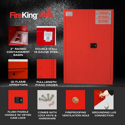 FireKing Red Flammable Safety Cabinet, Combustible Liquids Flammable Storage Cabinet, 45 Gallon Steel Safety Cabinets with Manual Door for Commercial, Industrial & Home Use, 43" x 18" x 65"