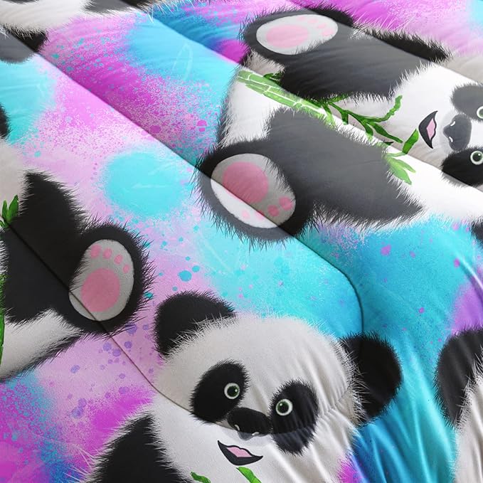 Panda Comforter Full Size,Neon Panda Comforter Set for Kids Teens Girls Boys,3Pcs Bedding Set Printed Comforter with 2 Pillowcases,Down Alternative,Soft and Lightweight，Full Size